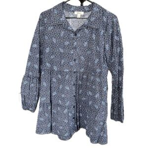 Style & Co Women’s Button Front Blouse Paisley Blue Long Sleeve Size M